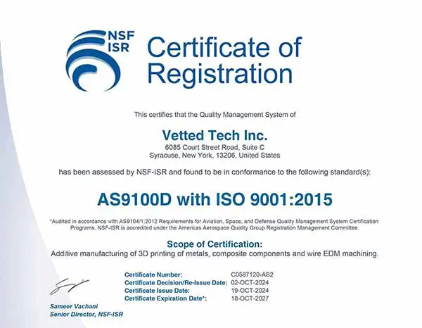 NSF AS9100D/ISO9001 certificate