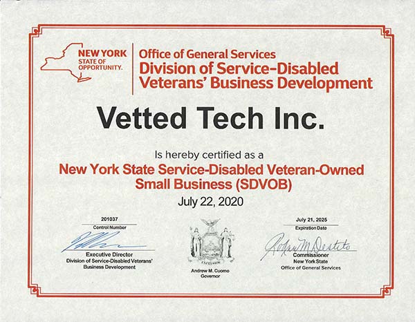 NYS Certified Service Disabled Veteran Owned Business Certificate